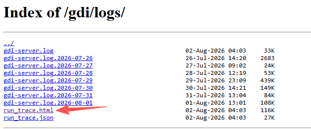 在 /gdi/logs/ 目录中打开 run_trace.html